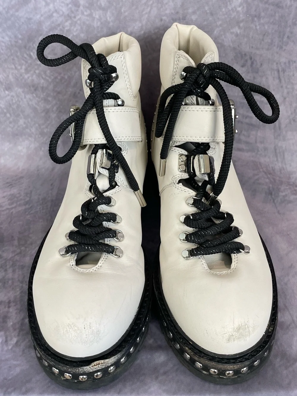 Lola Cruz Patent Leather Off White/ Ivory  Moto Ankle Boots Size 38 US 7.5-8